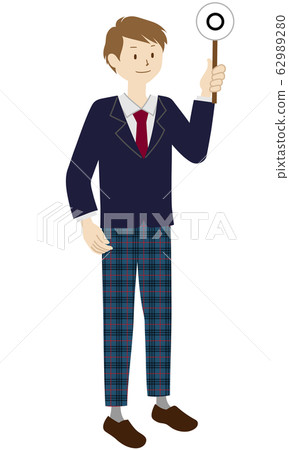 Illustration of a male student standing (raising the correct answer tag) 62989280