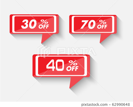 Sale and discount labels. Price off tag icon. 30, 40, 70 percent sale. Vector illustration. Sale and discount labels. Price off tag icon. 30, 40, 70 percent sale. Vector illustration. 62990648