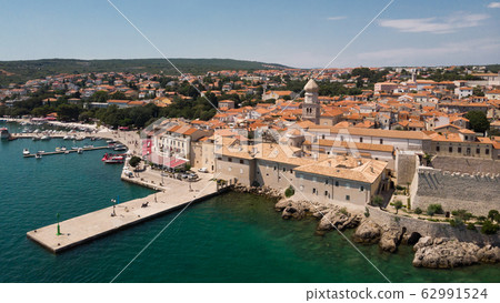 Aerial view of mediterranean coastal old town Krk, Island Krk, Croatia, EU Aerial view of mediterranean coastal old town Krk, Island Krk, Croatia, EU 62991524