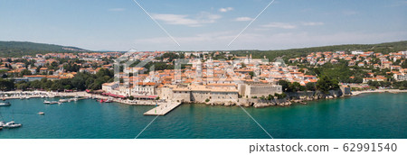 Aerial view of mediterranean coastal old town Krk, Island Krk, Croatia, EU 62991540