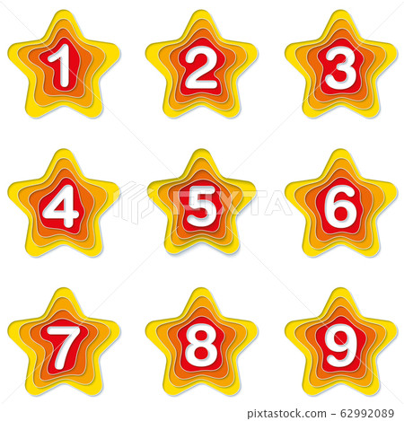 Set of orange star bullet points 1 to 9. 62992089