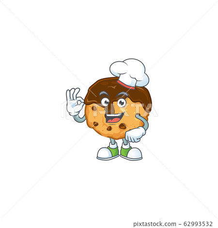 Chocolate chips with cream cartoon character in a chef dress and white hat Chocolate chips with cream cartoon character in a chef dress and white hat 62993532