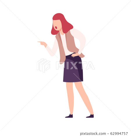 Angry Woman Character Yelling Pointing with Her Finger Flat Vector Illustration 62994757