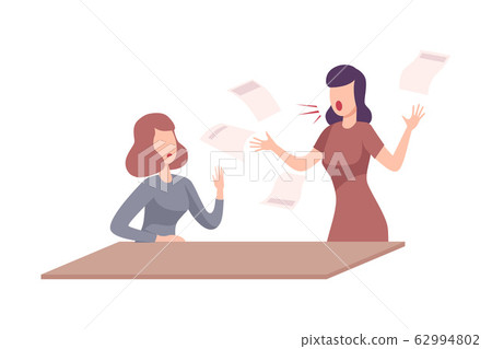Female Boss Threatening and Yelling to Female Office Worker, Frightened Employee Shocked by Furious Manager, Stressful Working Environment Flat Vector Illustration 62994802