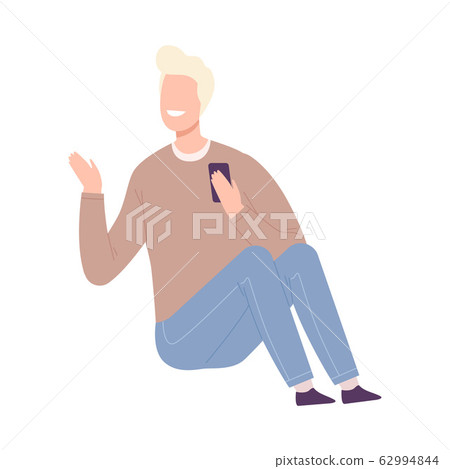 Young Man Using Smartphone, Smiling Guy Sitting on the Floor and Communicating People Flat Vector Illustration Young Man Using Smartphone, Smiling Guy Sitting on the Floor and Communicating People Flat Vector Illustration 62994844