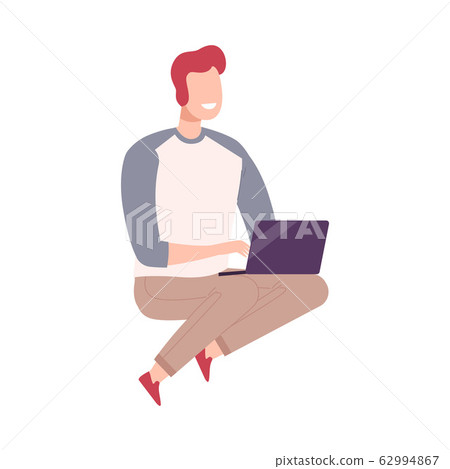 Young Man with Modern Digital Gadget, Guy Sitting on the Floor and Communicating Using His Laptop Flat Vector Illustration 62994867