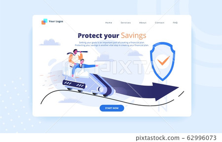 Protect your savings first screen. Financial consulting website hero image. Business men in suits riding a roller coaster with safety protection shield. Way to success and risk management concept. 62996073