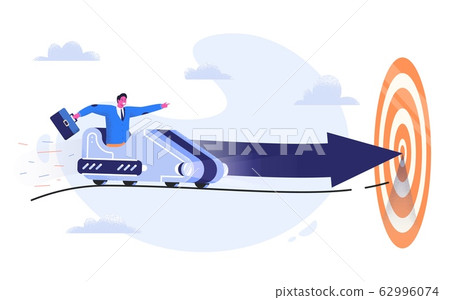 Business man in suit with case riding a roller coaster with arrow to the goal. Entrepreneur going to his aim in the trolley wagon with strong intention. Way to success and achieve the target concept. Business man in suit with case riding a roller coaster with arrow to the goal. Entrepreneur going to his aim in the trolley wagon with strong intention. Way to success and achieve the target concept. 62996074