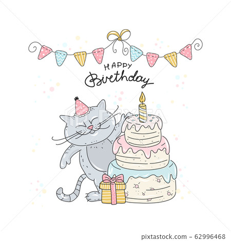 Cat's birthday party that sits with a big cake, with gifts and balloons. Cat's birthday party that sits with a big cake, with gifts and balloons. 62996468