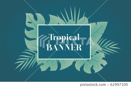 Summer tropical banner with green palm leaves. - Stock Illustration ...