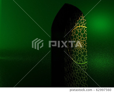 Golden arabic ornament on the green wall with islamic door. 3D illustration Golden arabic ornament on the green wall with islamic door. 3D illustration 62997560