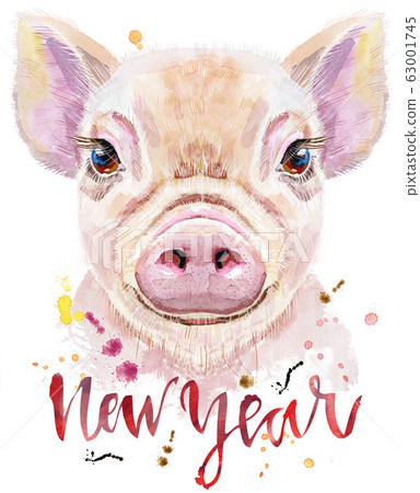 Watercolor portrait of mini pig with the Watercolor portrait of mini pig with the 63001745