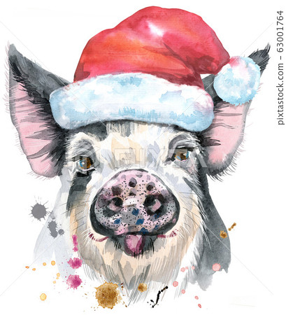 Watercolor portrait of pig with Santa hat 63001764