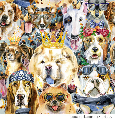Watercolor seamless pattern of dogs on white - Stock Illustration ...