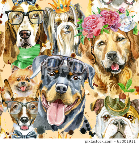 Watercolor seamless pattern of dogs on white - Stock Illustration ...