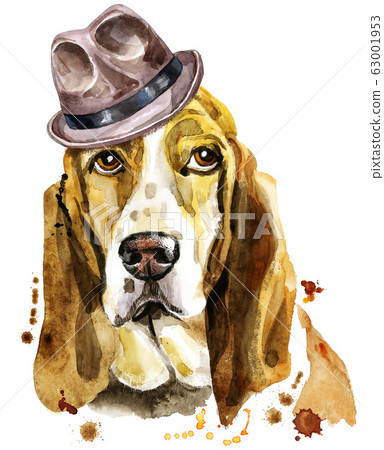 Watercolor portrait of basset hound in a brown hat 63001953