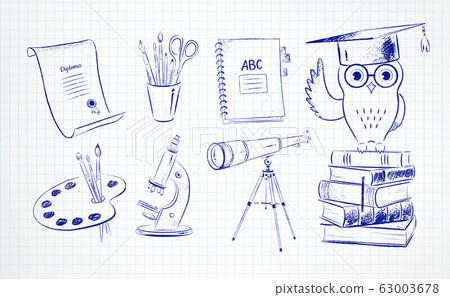 Pen drawing of education symbol objects 63003678