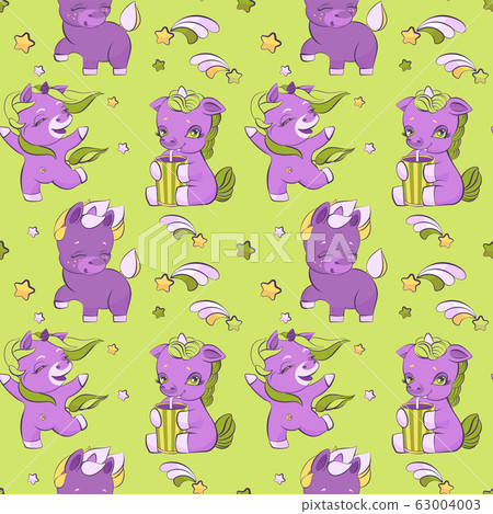 Cute little unicorns on a meadow, seamless pattern Cute little unicorns on a meadow, seamless pattern 63004003