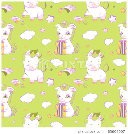 Cute little unicorns green seamless pattern Cute little unicorns green seamless pattern 63004007