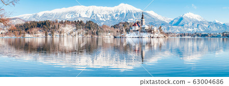 Lake Bled with Bled Island and Castle at sunrise, Slovenia 63004686