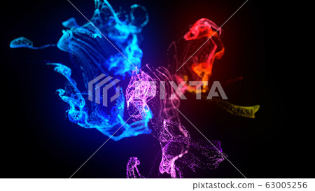 injection of fluorescent ink in water isolated on black background. 3d render of glow particles or sparks like shiny magic spell. Fantastic background for festive event. Blue red purple mix 8 63005256