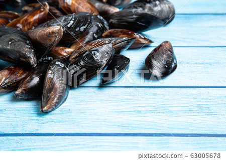 Fresh raw mussels on blue wooden backgound Fresh raw mussels on blue wooden backgound 63005678