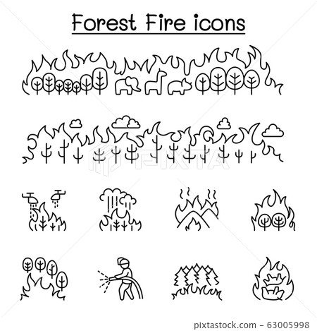 Wildfire, forest fire icon set in thin line style Wildfire, forest fire icon set in thin line style 63005998
