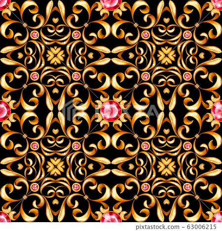 Seamless gold pattern with scrolls and ruby gems 63006215