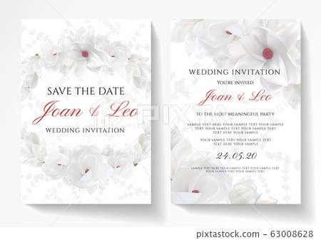 Wedding invitation design with magnolia flower wreath on white background. Vector template useful for Save the date card, greeting, anniversary invite Wedding invitation design with magnolia flower wreath on white background. Vector template useful for Save the date card, greeting, anniversary invite 63008628