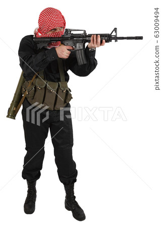 guerillas in black uniform with keffiyeh with 63009494
