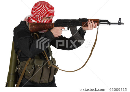 guerillas in black uniform with keffiyeh with AK 63009515