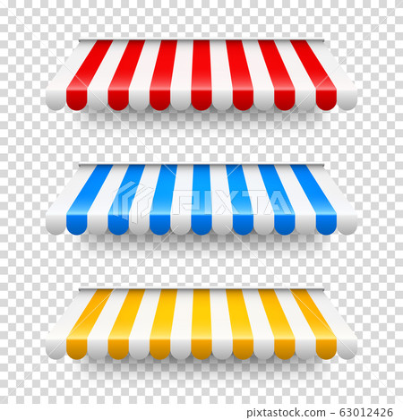 Shop sunshade. Realistic striped cafe awning. Outdoor market tent. Roof canopy. Summer street store 63012426