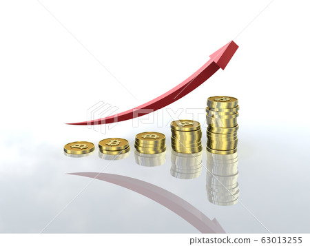 CG illustration coins and arrows arranged in an increasing graph bit coin 63013255