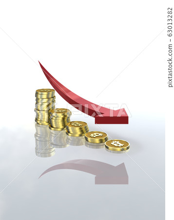 CG illustration coins and arrows arranged in a decreasing graph bit coin CG illustration coins and arrows arranged in a decreasing graph bit coin 63013282