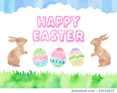 Easter watercolor style illustration set (rabbit silhouette, Easter egg, meadow, blue sky) 63014619