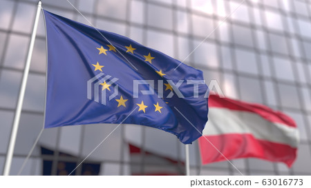 Flying flags of the Eropean Union and Austria in front of a modern skyscraper. 3D rendering Flying flags of the Eropean Union and Austria in front of a modern skyscraper. 3D rendering 63016773