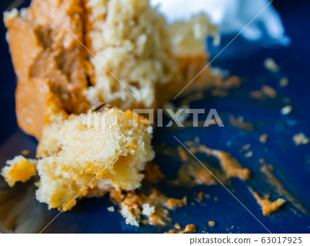 Remnants of cake on a blue plate, Close up and Macro shot, Selective focus Remnants of cake on a blue plate, Close up and Macro shot, Selective focus 63017925