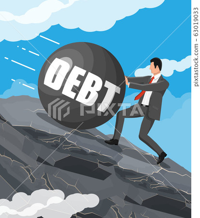 Businessman on mountain pushing big debt weight Businessman on mountain pushing big debt weight 63019033