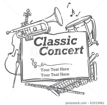 Design materials that can be used for concert posters, etc. using illustrations of musical instruments 63019962