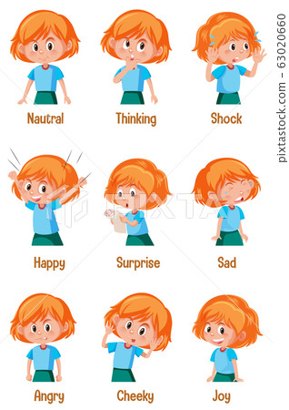 Set of girl with different expressions on her face 63020660