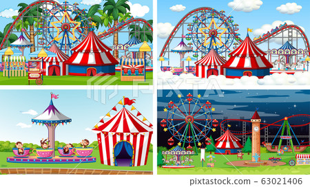 Four scenes with many rides in the fun fair - Stock Illustration ...