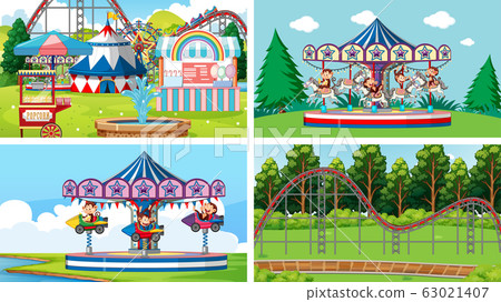 Four scenes with many rides in the fun fair - Stock Illustration ...