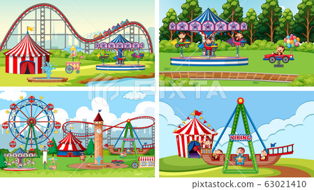Four scenes with happy monkeys riding rides in the 63021410