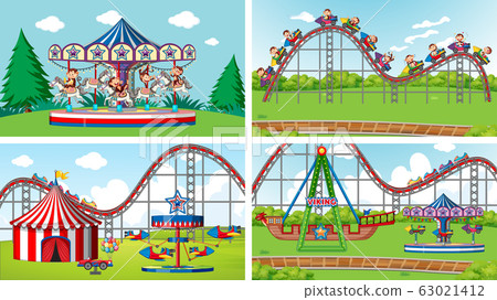 Four scenes with many rides in the fun fair 63021412