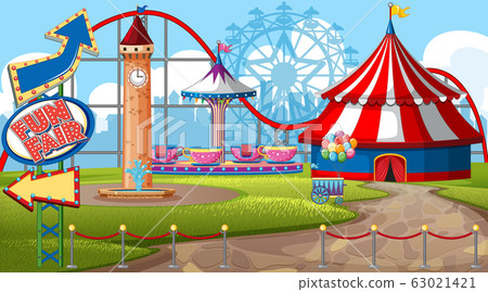 Scene with big circus tent and spinning cup in the Scene with big circus tent and spinning cup in the 63021421