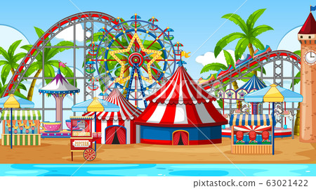 Scene with roller coaster and ferris wheel in the 63021422