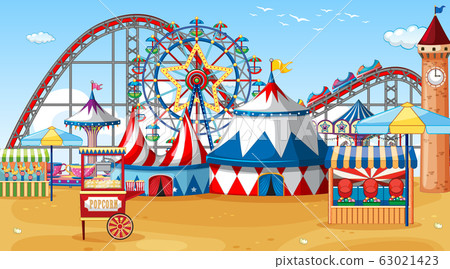 Scene with circus rides on the beach at day time 63021423