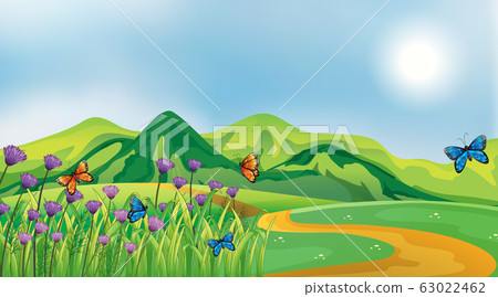 Nature scene background with butterflies in the - Stock Illustration ...