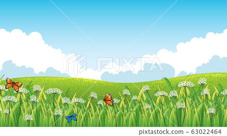 Nature scene background with butterflies in the - Stock Illustration ...