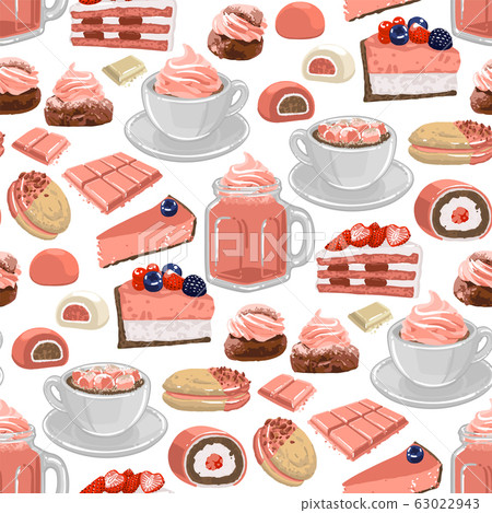 Cup of strawberry milkshake and coffee or cacao with marshmallows, surrounded by different desserts 63022943